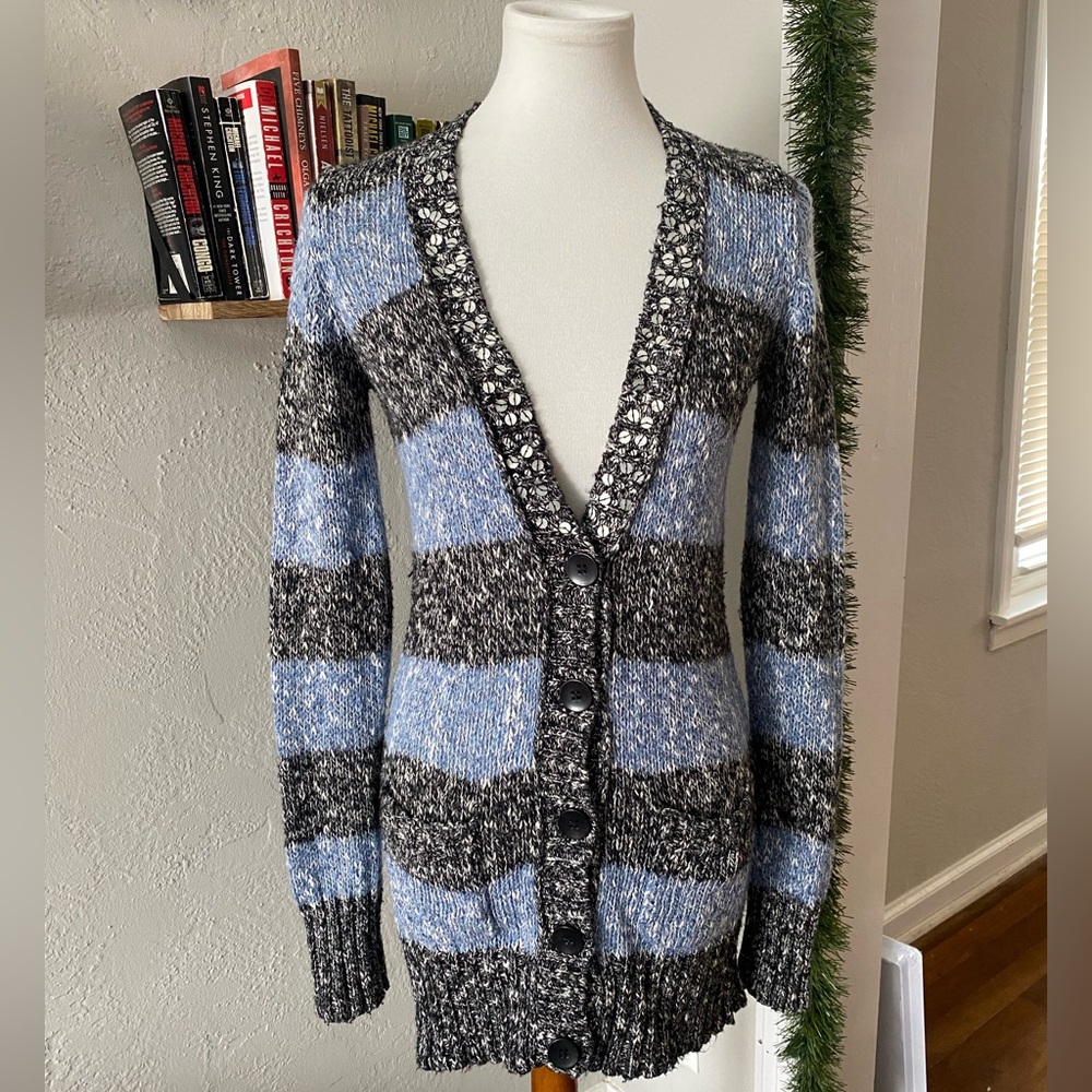 Vtg Y2K Mudd Blue Black Striped Sequin Long Knit Grandpa Dark Academia Cardigan